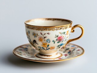Fototapeta premium A delicate porcelain teacup with hand-painted floral patterns and a gold-rimmed edge on a matching saucer