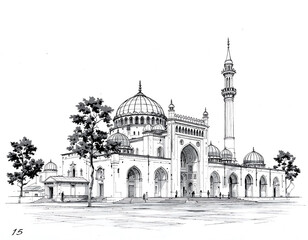 Drawing of Mosque with Dome and Minaret Architectural Perspective