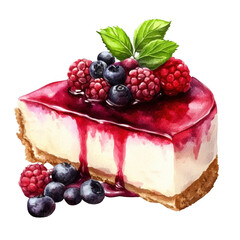 A creamy cheesecake topped with fresh berries and a glossy berry sauce, garnished with mint leaves.