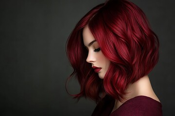 Naklejka premium Fashion model with burgundy, wavy bob hairstyle against dark gray background in professional studio portrait. Ideal for beauty industry ad with burgundy and black color palette..