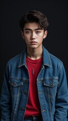 Fototapeta premium Asian teen guy plain black background in casual stylish fashion whole body portrait