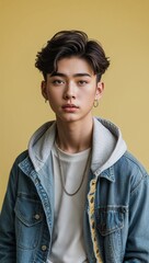 Fototapeta premium Asian teen guy plain yellow background in casual stylish fashion whole body portrait