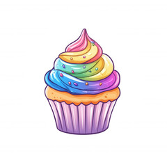 A colorful cupcake with swirled frosting and decorative sprinkles on top.