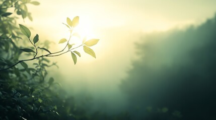 Sunlit Leaves in Misty Forest: A Serene Dawn