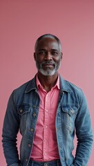 Fototapeta premium black African middle aged guy plain pink background in casual stylish fashion whole body portrait