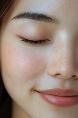 Fototapeta premium Close-up portrait of a happy Asian woman with smooth, glowing skin in natural daylight, highlighting pores and textures. Hyper-realistic, cinematic shot with natural and beauty lighting. High-res.