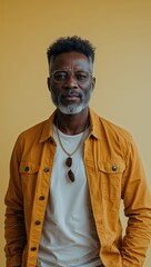 Obraz premium black African middle aged guy plain yellow background in casual stylish fashion whole body portrait