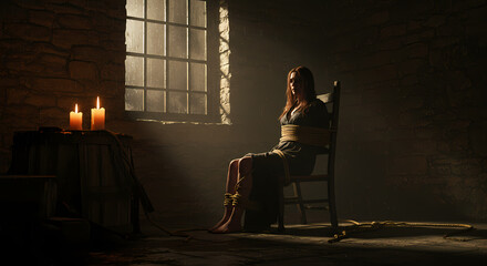 Captive Woman in a Dark, Medieval-Style Dungeon