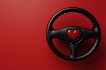 3D rendering of a heart-shaped steering wheel on a red background, symbolizing Valentine's Day. Top view, copy space, mock-up, no blur effect.