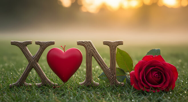 Romantic "XN" inscription with heart and rose at sunrise