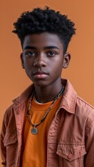 Fototapeta premium black African teen guy plain orange background in casual stylish fashion whole body portrait