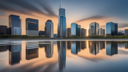 Obraz premium Futuristic office buildings with mirrored surfaces reflecting the blue sky