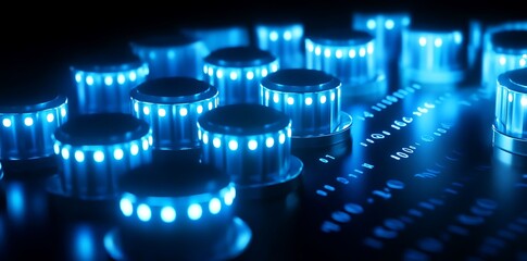 3D render of glowing blue cylinders on a black background, with data points and binary code. Industrial, futuristic vibe with illuminated tubes and spotlight effect..