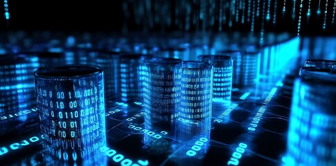 3D render of glowing blue cylinders on a black background, with data points and binary code. Industrial, futuristic vibe with illuminated tubes and spotlight effect..