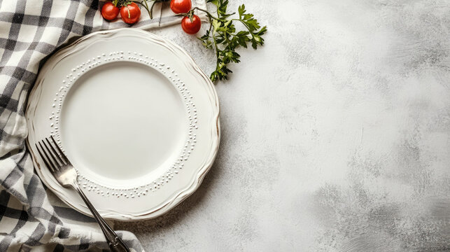 Empty white scalloped or ruffled edge dinner plate with a fork, checkered napkin, and garnish on a textured gray background. Use for food, recipe, menu, or elegant dining blogs/sites.