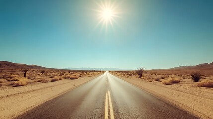 Naklejka premium Desert Highway Under the Blazing Sun: A Road Trip through the Arid Landscape