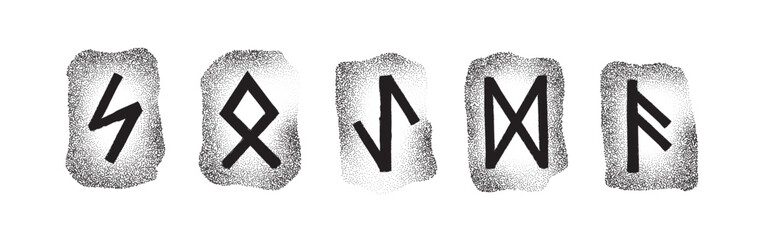 Elder Futhark runes engraved on stones. Vector set of five symbols. Norse mythology, Viking era. Scalable, monochrome design. Perfect for graphic projects. Eihwaz, Odal, Sigel, Dagaz, Ansuz by dot.