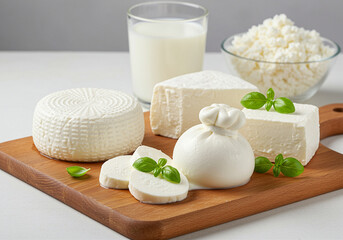 Various Types of Fresh Cheese on Wooden Board. Assortment of fresh dairy products includes ricotta mozzarella burrata and cottage cheese. The cheeses are garnished with fresh basil leaves