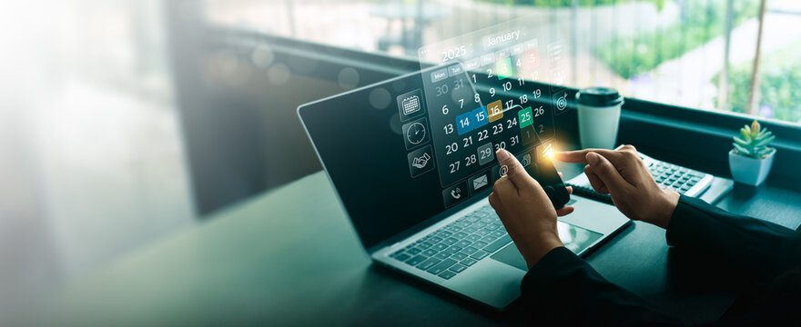 Event planner timetable agenda plan on a digital interface for 2025, managing schedules, appointments, reminders efficiently with smart technology for seamless organization and time management