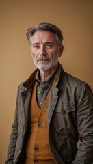 Fototapeta premium Caucasian middle aged guy plain gold background in casual stylish fashion whole body portrait
