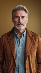 Obraz premium Caucasian middle aged guy plain gold background in casual stylish fashion whole body portrait