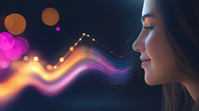 woman smiling with colorful light waves and bokeh effects in futuristic digital concept
