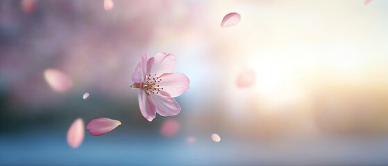 Obraz premium Pink cherry blossom petals floating in soft sunlight, evoking serenity and springtime