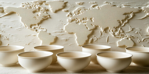 Multiple ceramic bowls arranged in front of a textured world map, suitable for global business, international relations, or travel-themed content.