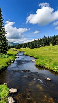 Serene Mountain River In Lush Greenery Under Blue Sky With Fluffy Clouds In 916 Style