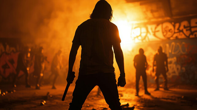 Underground Rebel Rally in Dimly Lit Graffiti Space with Silhouetted Figures and Flames