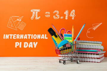 Pi day, school desk, top view, for Pi day holiday.