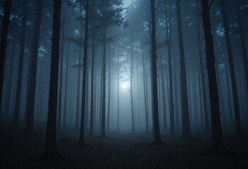 Naklejka premium Mystical Forest Scene. Foggy Woods At Night. Dreamy Landscape. Serene Woodland. Pine Trees Silhouettes Against Hazy Backdrop. Soft Light Illuminates The Scene. Nature's Grandeur. Peaceful And Eerie.