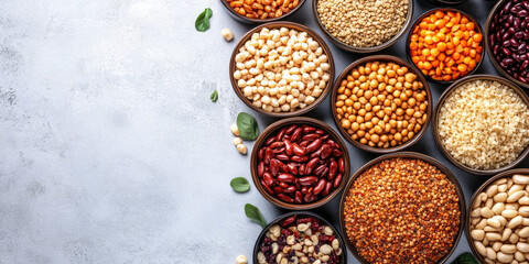 top-down view of numerous bowls filled with diverse grains, seeds, and beans on a gray surface, perfect for food blogs, healthy eating guides, or pantry stock images.