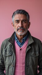 Fototapeta premium Hispanic middle aged guy plain pink background in casual stylish fashion whole body portrait