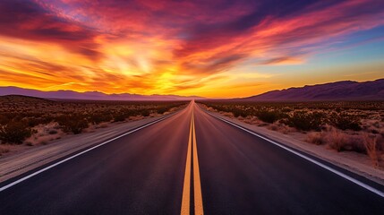 Naklejka premium Endless desert highway vanishing into the horizon at a vibrant sunset hour