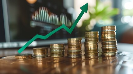 The green arrow is going up the Stacks of coins arranged in a bar graph