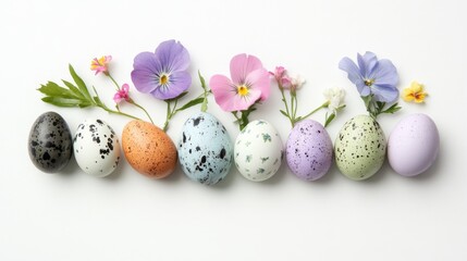 Fototapeta premium Beautiful easter composition with spring flowers and colorful quail eggs on white background, festive springtime holiday banner with copy space