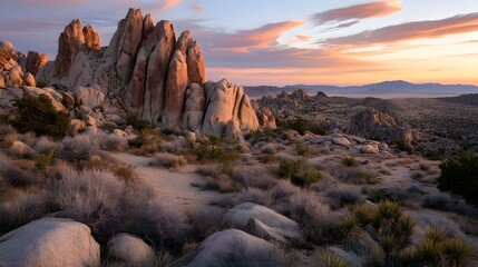 Obraz premium A surreal high desert with towering rock formations in vibrant reds and oranges at sunset