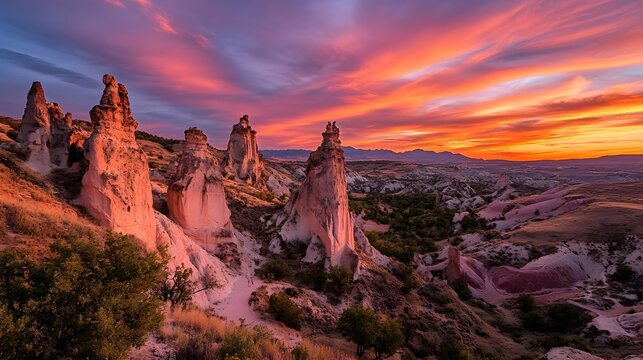 A surreal high desert with towering rock formations in vibrant reds and oranges at sunset - Powered by Adobe