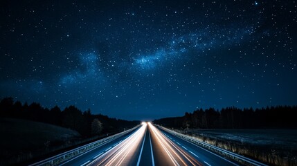 A deserted highway under a starry sky, with a single car approaching in the distance.