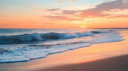 Obraz premium A serene coastal beach at sunrise with gentle waves and a sky painted in vibrant oranges and pinks