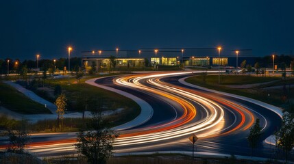 A highway overpass at night, with curving roads and long-exposure light trails from passing vehicles.
