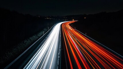 A long-exposure shot of a highway at night with streaks of red and white lights from moving cars.