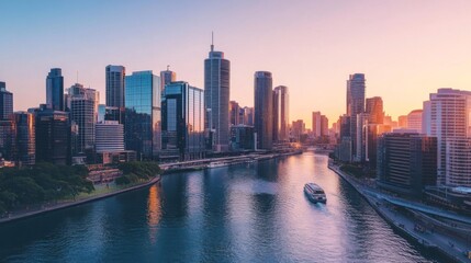 Obraz premium A modern urban skyline with iconic skyscrapers and a river running through the city.