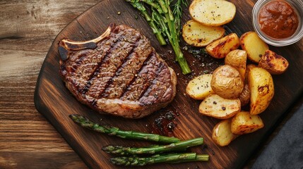 A rustic-style steak dinner served on a wooden table, with sides of roasted potatoes and grilled asparagus.