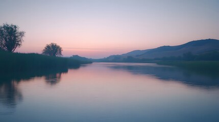 Fototapeta premium A peaceful countryside river scene at dusk with soft sunset hues