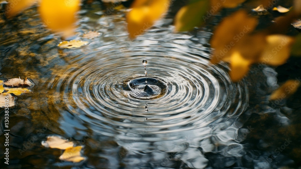 Poster a water droplet falling into a still pond, creating gentle ripples and a perfect reflection of the s