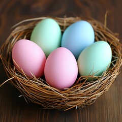 Fototapeta premium Easter Holiday, Easter Concept, Pastel Easter Eggs in Nest Spring Holiday Decoration Colorful Bird s Nest