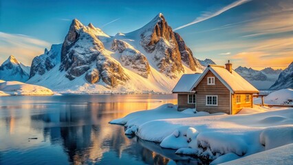 Fototapeta premium Serene Winter Cabin nestled beside a tranquil lake, reflecting the majestic snow-capped mountains at sunrise.