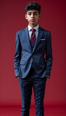 plain red background Hispanic teen guy in formal suit whole body portrait